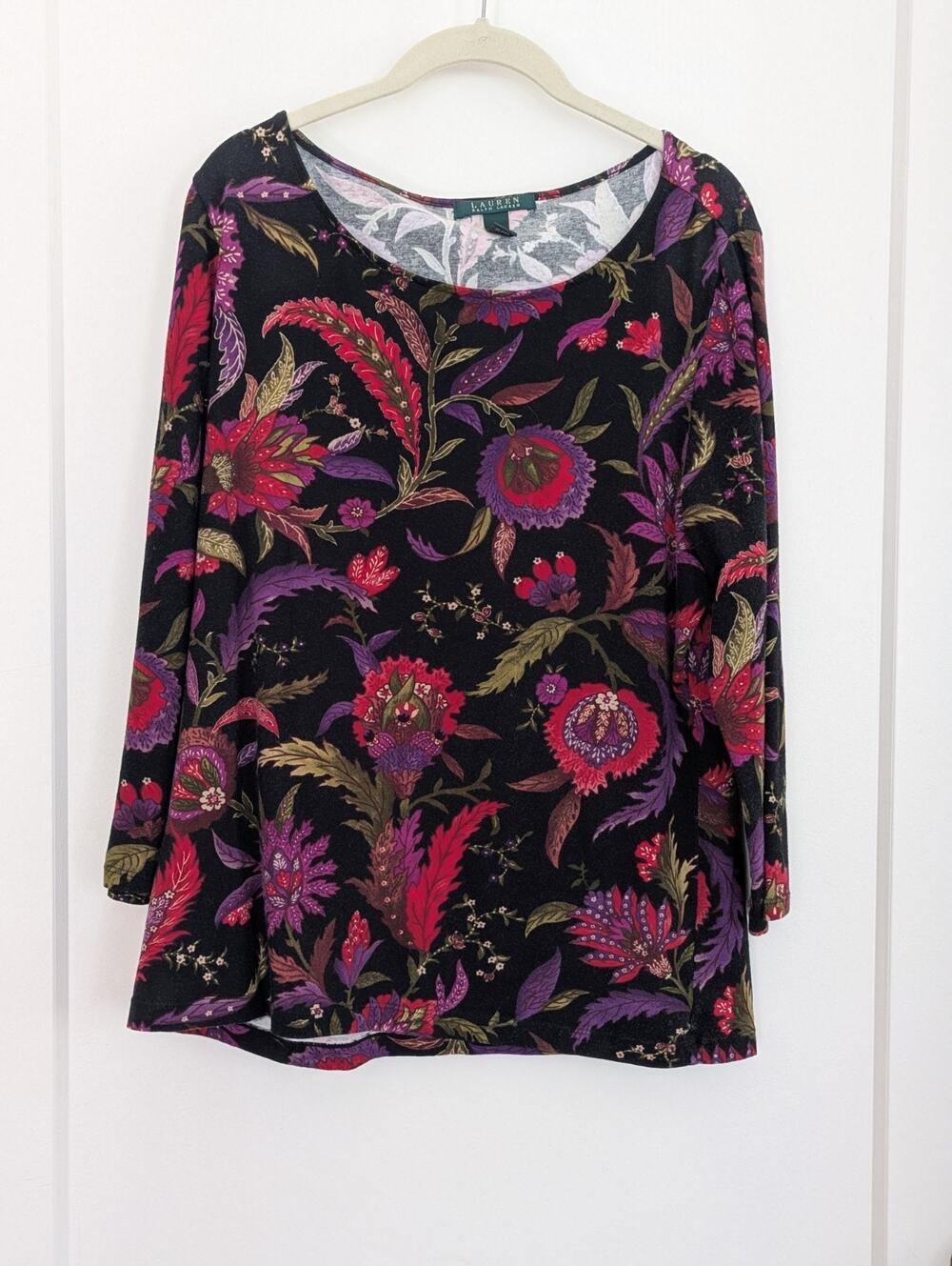 Lauren Ralph Lauren XL Paisley Floral Boat Neck Stretch Knit Top Black Pink EUC